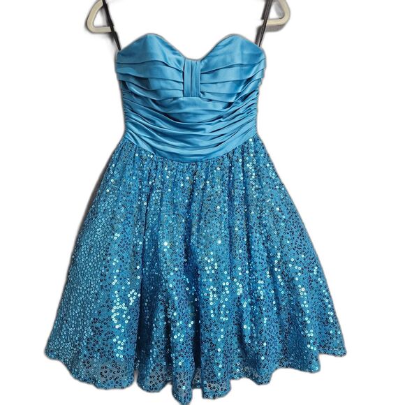 Betsey Johnson Sequin Prom Dress Teal Satin Strapless Size 4 Mini - Picture 1 of 7